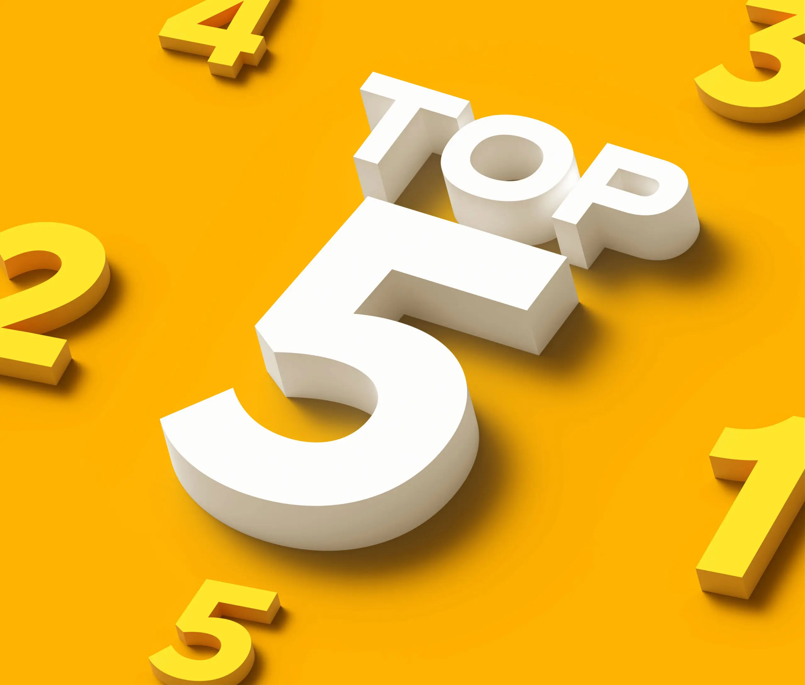 Bold 3D number 5 on a yellow background, representing the top 5 benefits of virtual dermatology care.